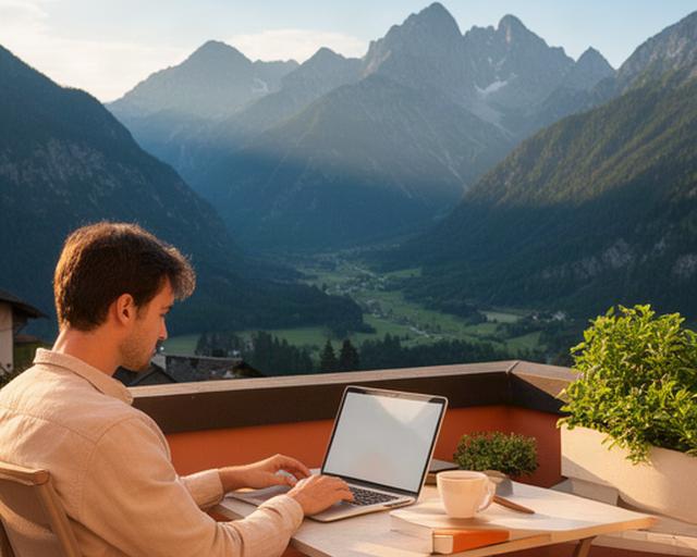 Digitalni strokovnjak s prenosnikom dela na terasi s pogledom na Julijske Alpe
