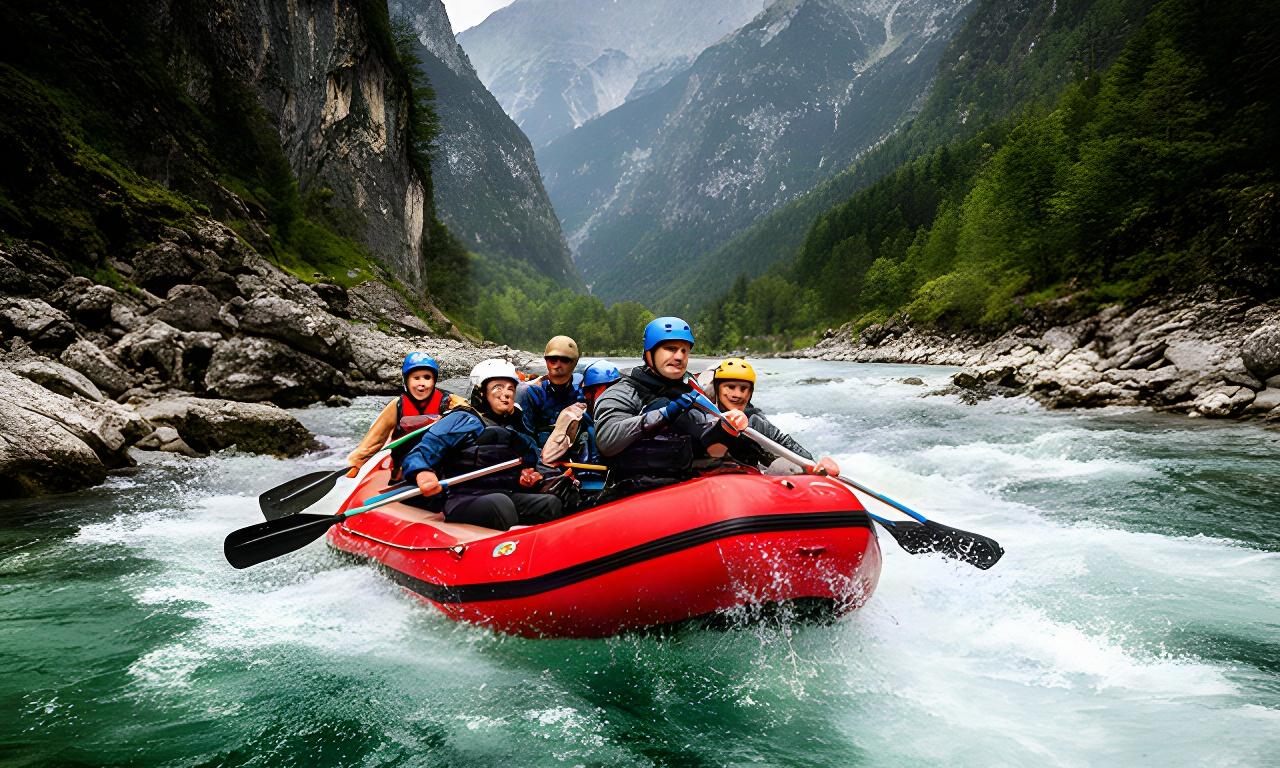 Rafting ekipa na brzici Soče z vodnikom v rdečem čolnu