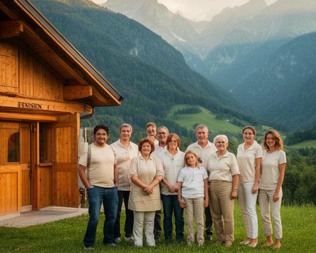 Družina in zaposleni pred lesenim penzionom v Bovcu, obdani z zelenimi pobočji