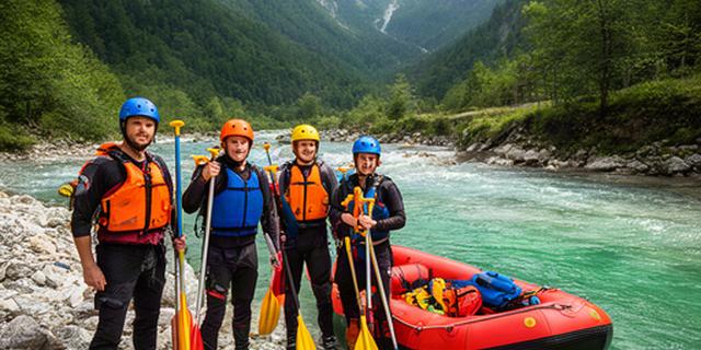 Vodniki adrenalinske športne agencije ob reki Soči z opremo za rafting