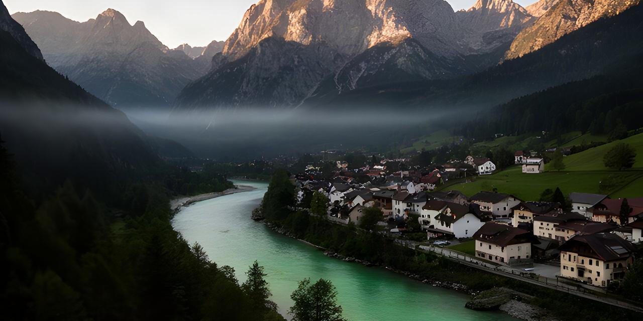 Bovec ob smaragdni Soči z gorskim obzorjem in jutranjo svetlobo